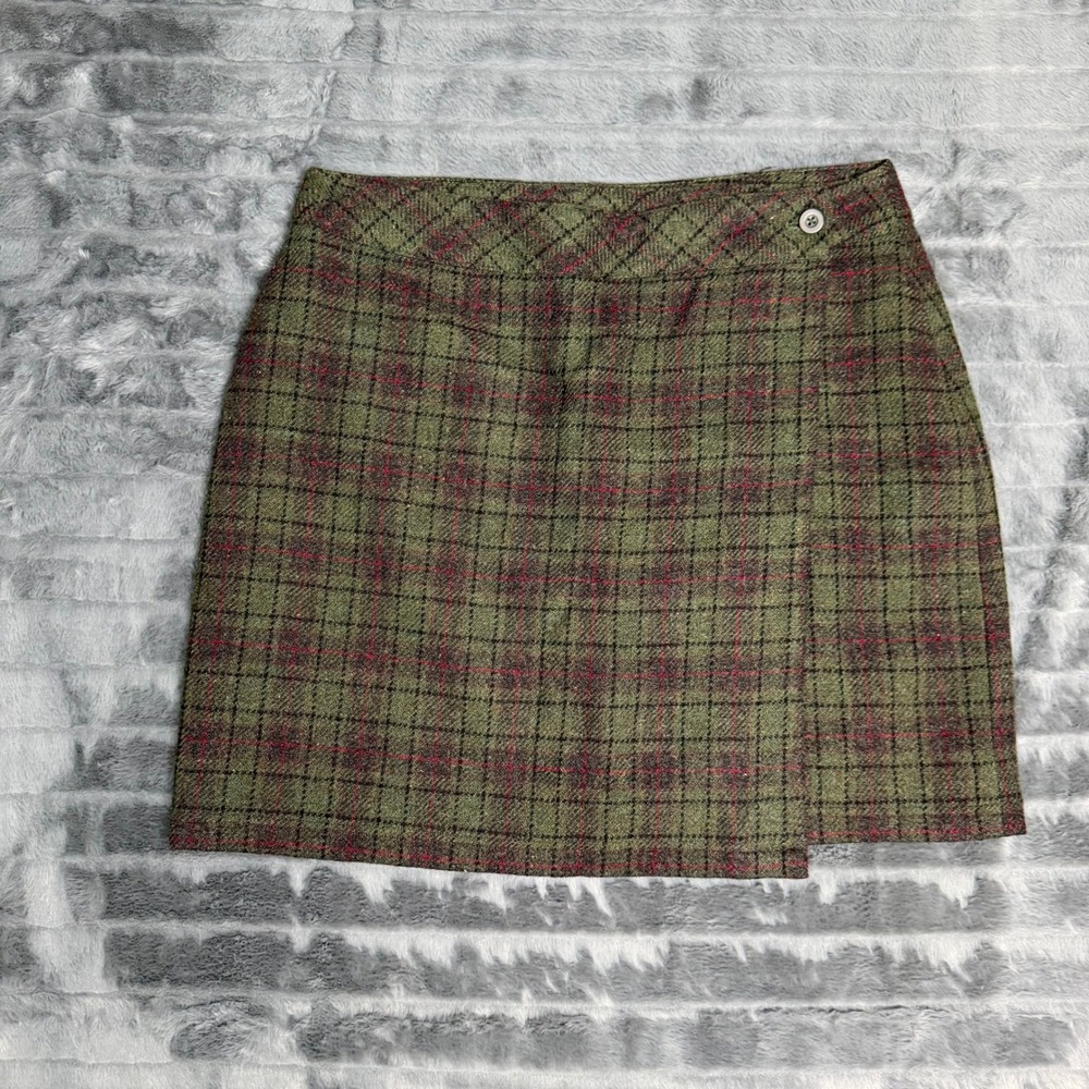 G.H. Bass Wool Blend Plaid Wrap Mini Skirt Womens 16 Olive Green Burgundy Tweed